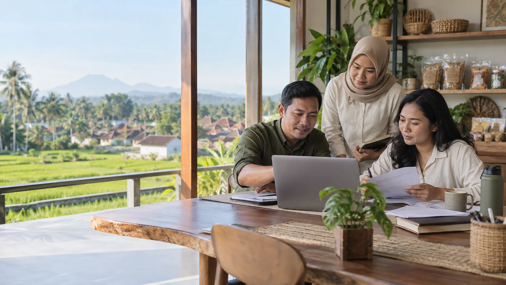 Tim pengelola BUMDes meninjau data usaha melalui laptop